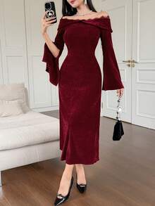 DAZY Women's Off-Shoulder Lace Patchwork Velvet Dress, Elegant And Fitted - Burgundy - View 2