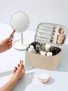 1 Túi đựng mỹ phẩm du lịch cỡ lớn, tái sử dụng, chắc chắn, chống thấm nước bằng chất liệu PU dành cho nữ, có nhiều ngăn, đựng cọ trang điểm, đồ chăm sóc da, đồ dùng vệ sinh cá nhân, màu kaki, thích hợp cho phòng tắm, phòng khách, giường ngủ, hoạt động ngoài trời, kỳ nghỉ, du thuyền, đám cưới, phù dâu, mẹ, bạn bè, giáo viên, quà sinh nhật, Giáng sinh, vật dụng cần thiết để đựng mỹ phẩm. - Màu Khaki - Xem 4