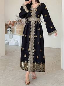 DAZY 女士V领蕾丝拼接收腰印花长款优雅复古连衣裙 - 黑色 - 查看 4