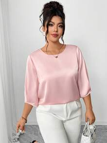 Elenzga Áo kiểu nữ cỡ lớn màu hồng lãng mạn cổ tròn tay lửng, cổ tay bồng thoải mái, thanh lịch và đa năng cho mùa xuân/hè, phù hợp cho các buổi họp mặt, tiệc trà chiều, đám cưới, tiệc tùng. - Hồng - Xem 3