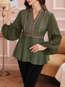 Rafferiza Women's Color Block Ribbon Patchwork Military Green Shirt, Chiffon Sleeve Patchwork, Elegant For Middle Eastern Festivals And Commuting - Army Green - View 5