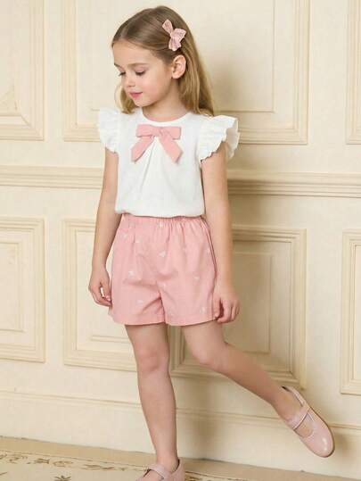 Souflis Souflis French Style Countryside Girls Outfit, Contrast Color Bow Decor Vest Top + Floral Shorts, Cute Casual Fresh Spring/Summer