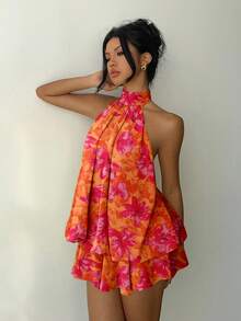 Aloruh Women's Elegant Orange Red Graffiti Floral Print Backless Tie Strap Mini Dress,Summer Boho Vacation Holiday Beachwear Sundress,Night Out Outfit - Multicolor - View 5