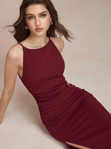 SHEIN BIZwear 2026 Spring/Summer New Wine Red Thin Strap Design Waist Ruched Metal Decor Dress, Versatile For Layering, Y2K, Office, Business, Social Occasions - Burgundy - View 7