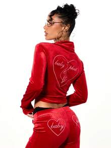 BABYPHAT Velour Zip Up Hoodie Jacket With Funnel Neck Long Sleeve Heart Logo Front Back Print Valentine Red Track Top - Red - View 2