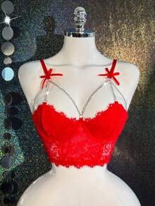 MidnightGlam Valentine's Day Metal Decor Chain Romantic Lace Underwire Bra, Lingerie For Women,Sexy,Valentine's Day,Wedding - Red - View 7