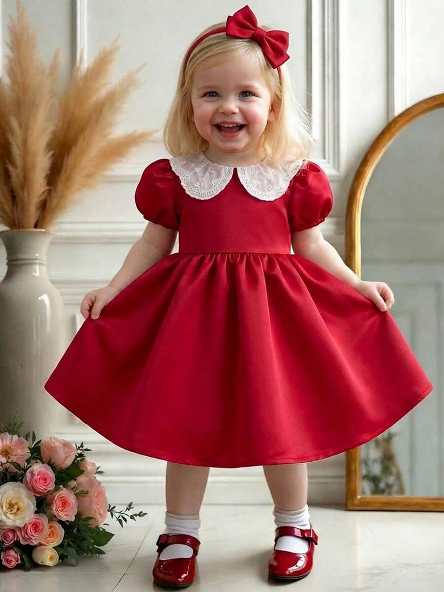 SHEIN 1件嬰兒女童紅白色公主裙,優雅夏季派對禮服,圓領拼接生日婚禮表演晚禮服 - 紅色 - 查看 1