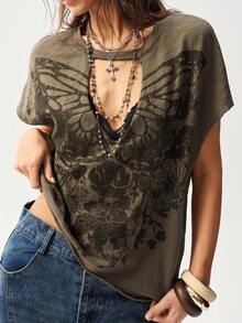 Bohemela Casual Solid Color Knit Round Neck Short Sleeve Loose Washed Women T-Shirt, Retro Graphic Tee, Carnival, Summer Tops, Spring - Army Green - View 2