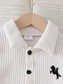 SHEIN 2pcs Young BoyRibbed Knit Collared Long Sleeve Shirt And Ribbed Woven Casual Pants Set, Spring/Autumn - Apricot - View 4