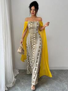 Rafferiza Women's Casual Print Contrast Mesh Long Sleeve Green Vacation Dress - Yellow - View 6