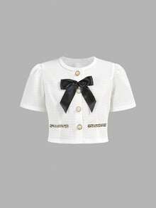 SHEIN Tween Girl Woven Tweed Faux Pearl Button Bow Decor Top And Skirt Elegant 2-Piece Set, French Elegant Lady Style - Black and White - View 7