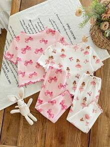 SHEIN Bộ đồ mặc nhà 4 món cho bé gái: áo thun và quần legging dệt kim họa tiết nơ dễ thương, kiểu dáng thường ngày, kèm quần legging. - Nhiều màu - Xem 2