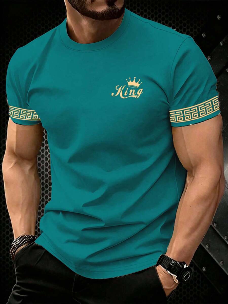 Manfinity Homme 经典百搭白色男士短袖T恤,金色“国王”图标袖口花卉设计,成熟酷炫街头风 - 彩色 - 查看 1