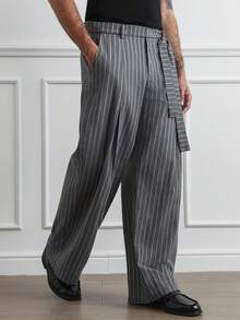 HUEFORM 男士休闲灰色条纹系带裤，独特腰带设计，春夏款 - 深灰色 - 查看 1
