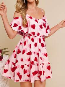 Amorya 女士新款优雅露肩爱心印花收腰情人节约会连衣裙，甜美中长连衣裙 - 彩色 - 查看 4