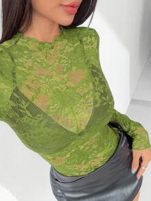 EgrlEra Women's Lace Elastic Peony Floral Sheer Sexy Blouse (Random Cut) - Lime Green - View 5