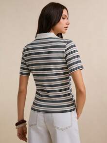 女士条纹 Polo 领短袖休闲百搭 T 恤 - 黑色 - 查看 9