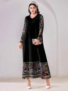 Al Najma Casual Modest V-Neck Floral Print Long Sleeve Arabic Dress Modest Dress Turkish Dress