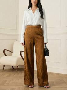 Lilora Pantalones anchos de jacquard de unicolor elegantes y casuales para mujer, clásicos, románticos y elegantes, adecuados para ir al trabajo, pantalones de trabajo de jacquard de cintura alta, pantalones marrones para mujer, pantalones anchos marrones, pantalones con estampado floral sofisticados y elegantes para mujer - Caqui - Ver 6