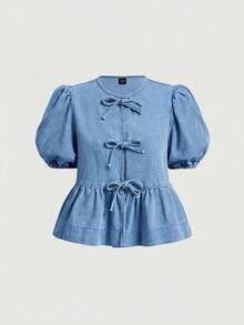 SHEIN MOD 女士休闲系带泡泡袖荷叶边下摆牛仔衬衫，夏季 - 淺色水洗藍 - 查看 5