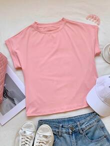 Comfortcana 女士纯色圆领短袖休闲百搭T恤 - 珊瑚粉 - 查看 6