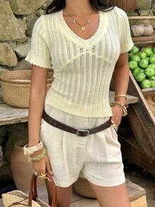 Sunnyshic 简约可爱女士浅黄色短袖宽松V领镂空针织毛衣 - 淡黃色 - 查看 3