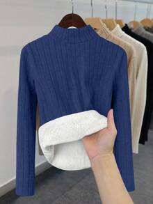 INAWLY 女士保暖修身纯色罗纹长袖T恤 - 寶藍色 - 查看 2