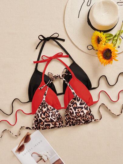 Swim SXY 3件套加大码女士泳衣上装，黑白豹纹印花，可调节细肩带，简约日常比基尼上装