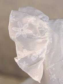 SHEIN 优雅少女花卉刺绣蝴蝶结短袖连衣裙 白色蝴蝶结连衣裙 适合女孩参加茶会 象牙色连衣裙 - 白色 - 查看 7