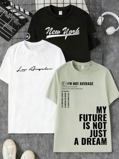 Set de 3 camisetas de manga corta y cuello redondo de estilo minimalista casual para adolescentes, para el verano