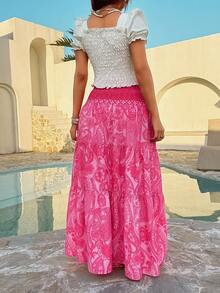 Sunnyshic Chân váy in họa tiết Bohemian dành cho nữ, trang phục thường ngày thoải mái cho kỳ nghỉ, mùa xuân/hè. - Màu Hoa hồng đỏ - Xem 2