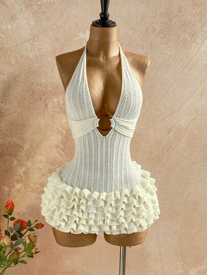 Soleia Women's White Halter Mini Cake Dress, Vacation