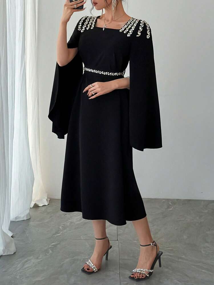 Women's Square Neck Waist Cinched Rhinestone Embellished Long Sleeve Elegant Dress Sundress