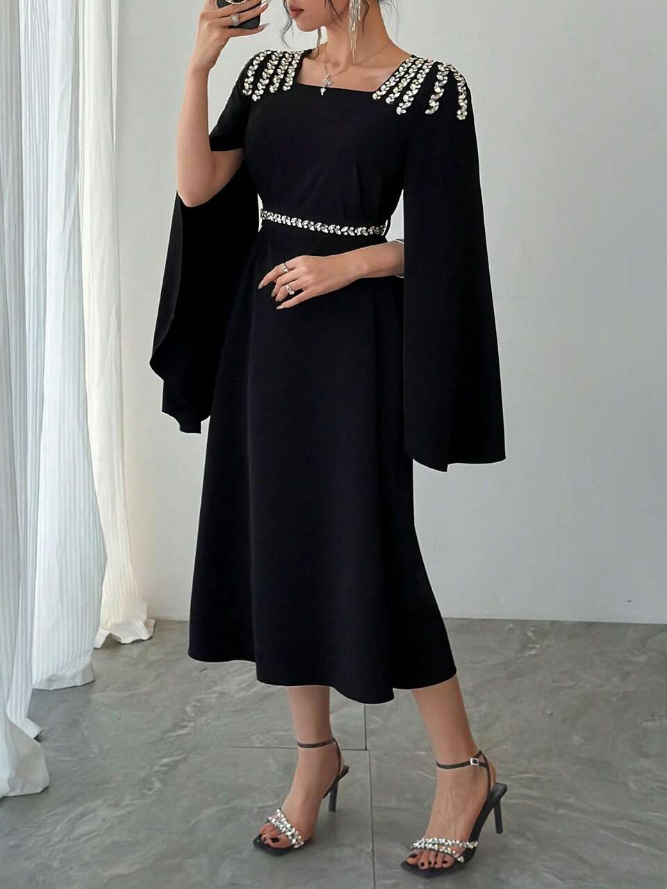 Women's Square Neck Waist Cinched Rhinestone Embellished Long Sleeve Elegant Dress Sundress