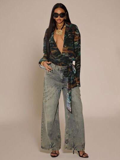 SHEIN BAE Women's Spring/Summer Tie-Front Tie Dye Zebra Print Long Sleeve V-Neck Blouse/Sexy Blouse/Club Blouse/Elegant Blouse/Summer Holiday Outfits/Spring Break Outfits/Carnival Women Look 2026/Beach Outfits For Women/Vacation Outfits For Women