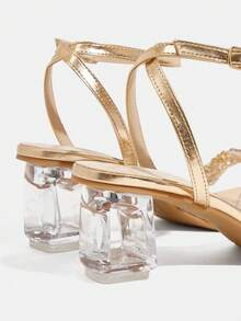 CUCCOO TILAWA Women's Fashion Crystal Embellished Square Toe Chunky Heel Sandals - Champagne - View 4