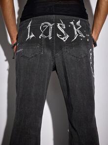 ROMWE MEN 男士休闲水洗十字架字母链印花牛仔裤 - 黑色 - 查看 6