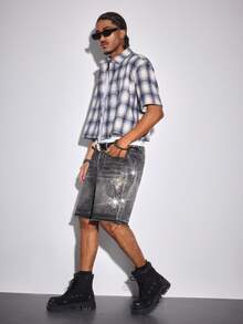 ROMWE MEN Street Life Men's Casual Washed Rhinestone Denim Shorts - Black - View 5