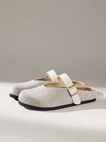 Solecia 女鞋 女鞋 夏季编织面单扣设计休闲度假风平底搭扣凉鞋 - 杏色 - 查看 2