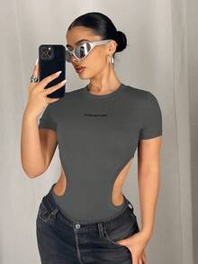 SHEIN ICON Y2K风格女士黑色高弹镂空轻薄无缝针织连体衣 - 灰色 - 查看 4