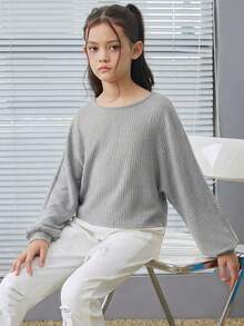 SHEIN Tween Girl Rib Knit Loose Retro Short Casual Long Sleeve T-Shirt, Fall/Winter - Light Grey - View 1