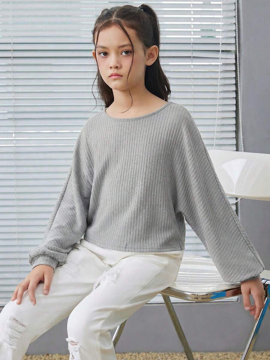 SHEIN Tween Girl Rib Knit Loose Retro Short Casual Long Sleeve T-Shirt, Fall/Winter - Light Grey - View 1