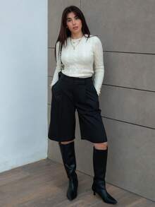 Hitanina Bộ đồ quần short Bermuda màu xám đơn giản đi làm mùa xuân dành cho nữ - màu đen - Xem 4