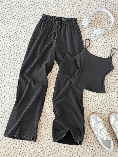 SHEIN Tween Girls Casual Homewear Fitted Camisole & Wide Leg Striped Knit Pants Set, Grey