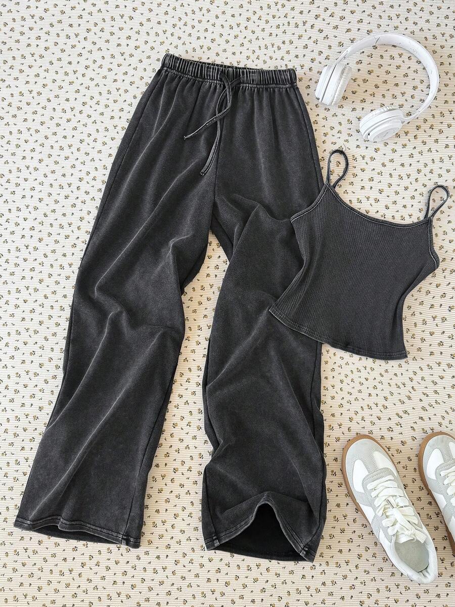 SHEIN 少女休闲家居服修身吊带背心和阔腿条纹针织裤套装，灰色 - 灰色 - 查看 1