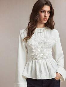 BizChic 新款春夏白色圆领荷叶边下摆衬衫，优雅的办公室通勤装 - 米色 - 查看 4