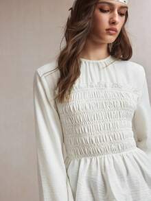 BizChic 新款春夏白色圆领荷叶边下摆衬衫，优雅的办公室通勤装 - 米色 - 查看 7