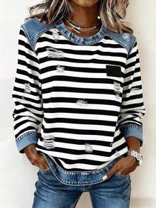 EMERY ROSE Randig t-shirt med lång ärm och lappmönster för kvinnor, avslappnad - Multifärgad - Visa 1