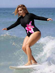 Swim SPRTY Costum de baie pentru femei Plus Size, dintr-o singură piesă, cu mânecă lungă și fermoar frontal, cu protecție pentru erupții cutanate - Negru - Vizualizare 8