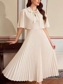 Vintamour 复古经典优雅女士连衣裙，春夏修身披肩式连衣裙，带蝴蝶结，褶裥设计，杏色喇叭裙 - 杏色 - 查看 1